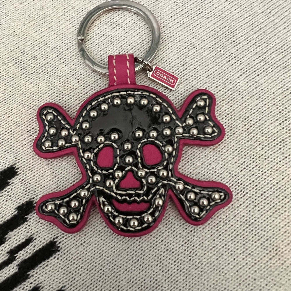 COACH Pink and Black Skull Studded Keyring Charm
